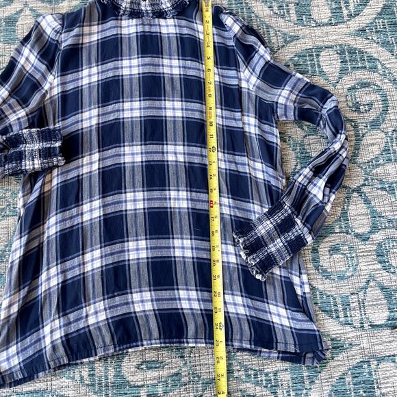 LOFT Blue Plaid Ruffle Mock Neck Blouse Long Sleeve Top - Size M - Picture 4 of 6